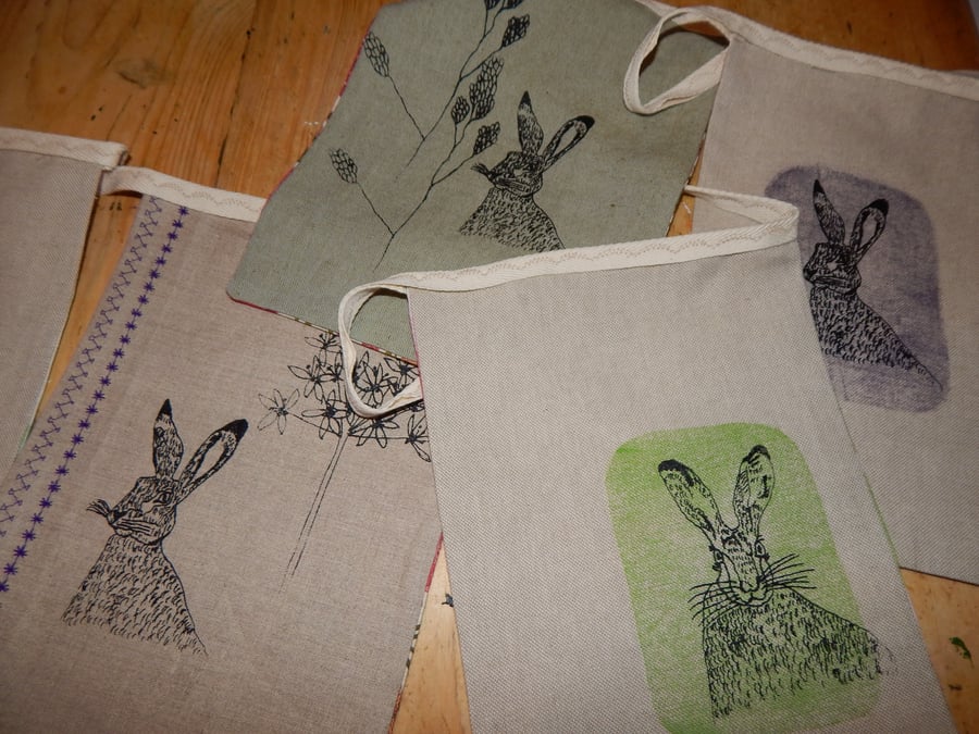 Hare and wild flower - Screen printed bunting 2.0 metres long