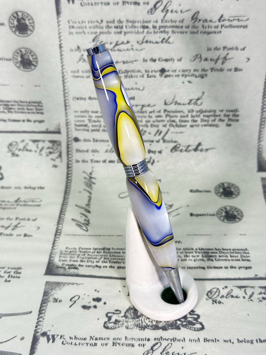 White, yellow & Blue resin Ballpoint pen