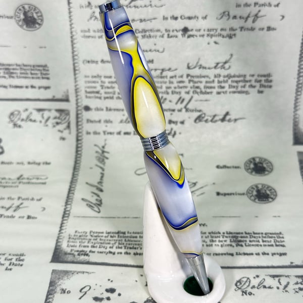 White, yellow & Blue resin Ballpoint pen