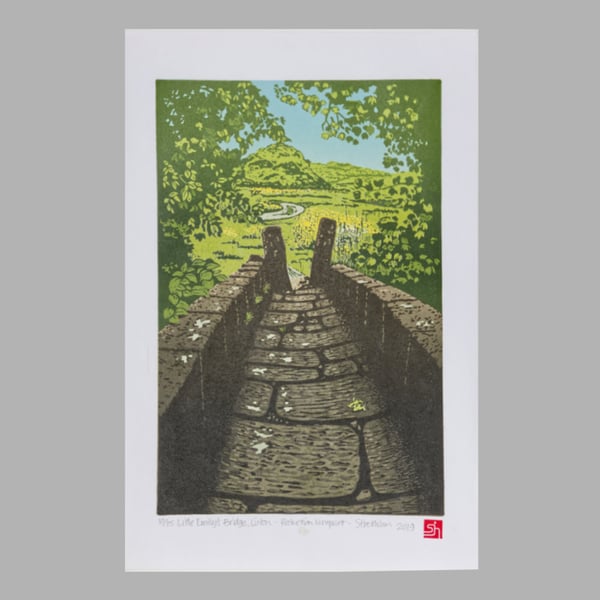 Little Emily's Bridge, Linton, Yorkshire. Limited edition reduction linoprint.