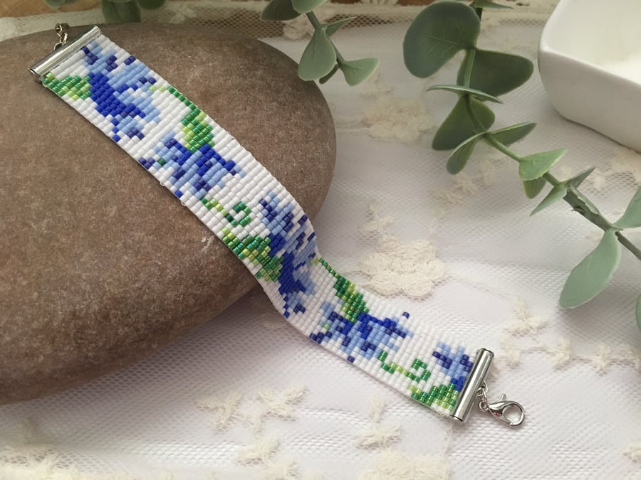 Pretty Floral design beaded loom bracelet, gift for mum, Cornflower blue design 