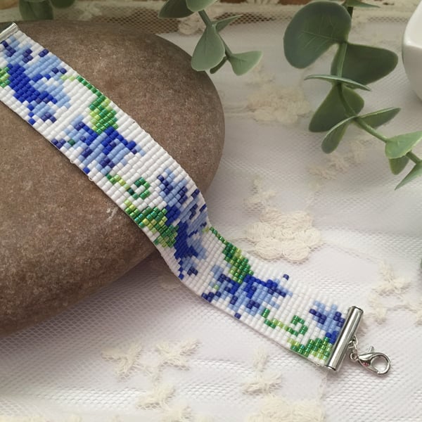 Pretty Floral design beaded loom bracelet, gift for mum, Cornflower blue design 