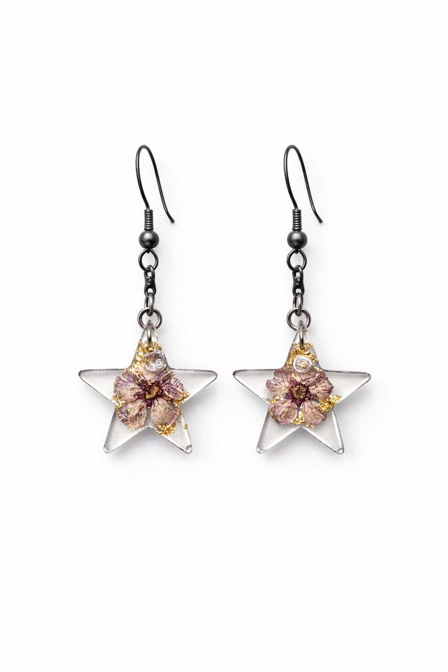 Small Purple Flower Star Resin Earrings with Gold Leaf – Celestial Dangle