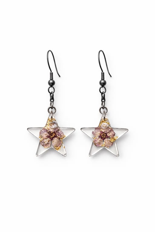 Small Purple Flower Star Resin Earrings with Gold Leaf – Celestial Dangle