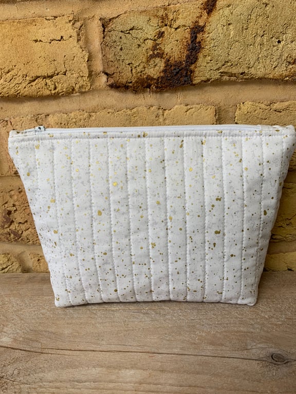 White and Gold Fabric Quilted Makeup Bag