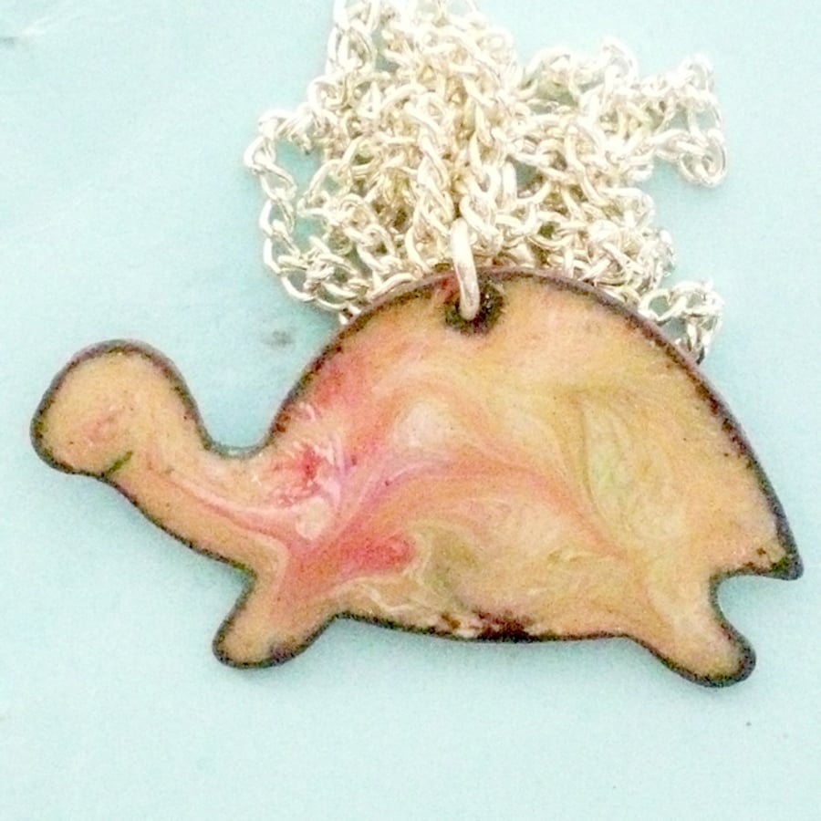 enamel pendant - tortoise: scrolled pink, white and gold over golden brown