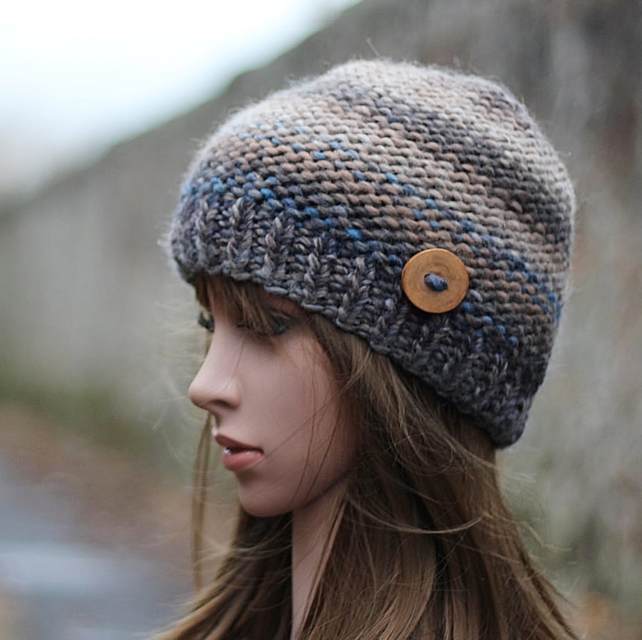 HAT knitted beanie, brown beige with blue winter chunky hat with button, womens 