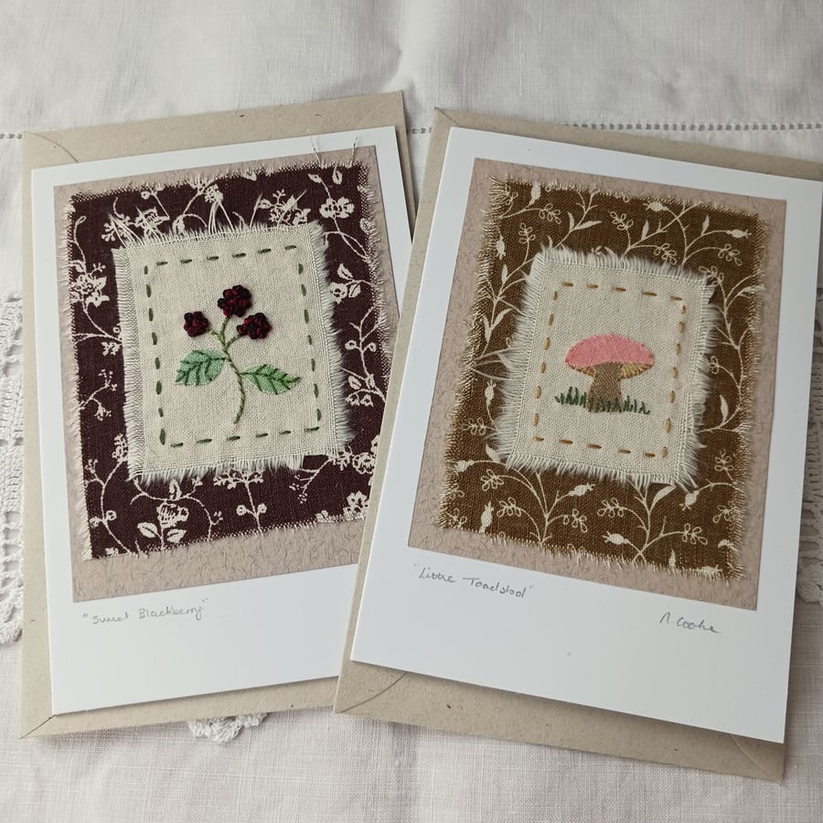 Blackberry and Toadstool Hedgerow themed hand embroidered cards x2