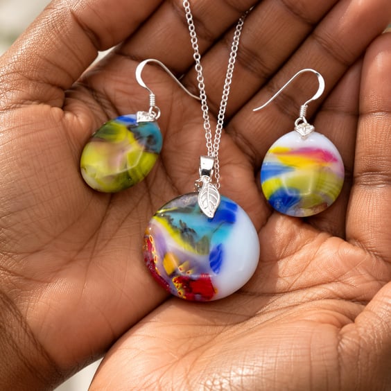 Multi and White Fused Glass and Sterling Silver Hook Earrings and Pendant Set