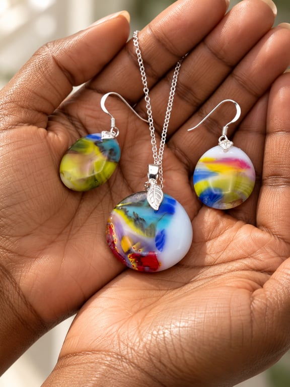 Multi and White Fused Glass and Sterling Silver Hook Earrings and Pendant Set