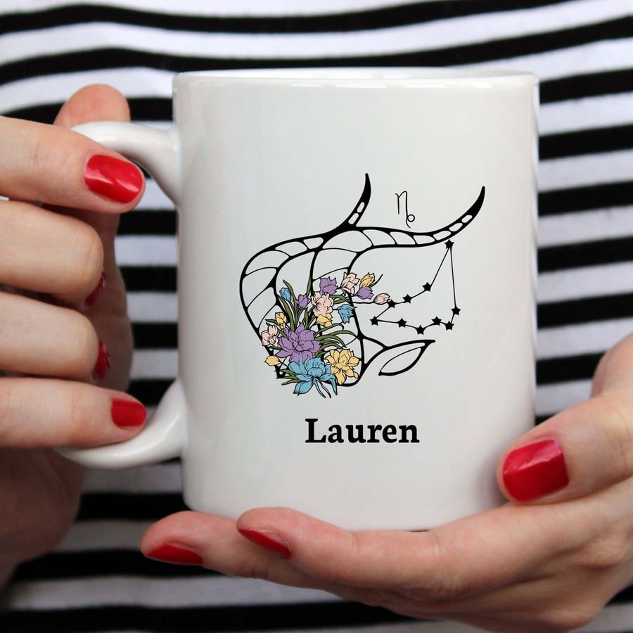 Capricorn Floral Zodiac Mug - Customizable 11oz Ceramic Coffee Cup Star Sign