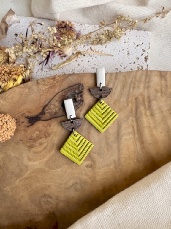 Autumn Chartreuse Green & Walnut Wood Geometric Earrings