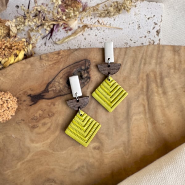 Autumn Chartreuse Green & Walnut Wood Geometric Earrings