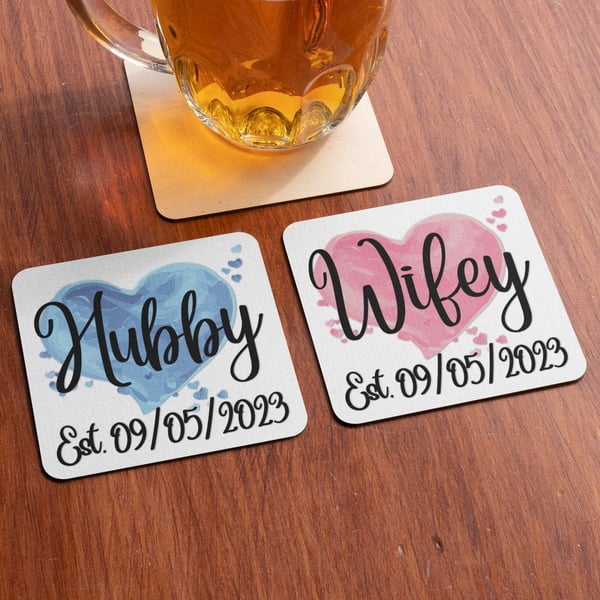 Hubby Wifey Personalised Wedding Date Mug Set Wedding Joint Gift MR & MRS 