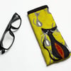 Yellow cat print glasses case with hand appliquéd black cat