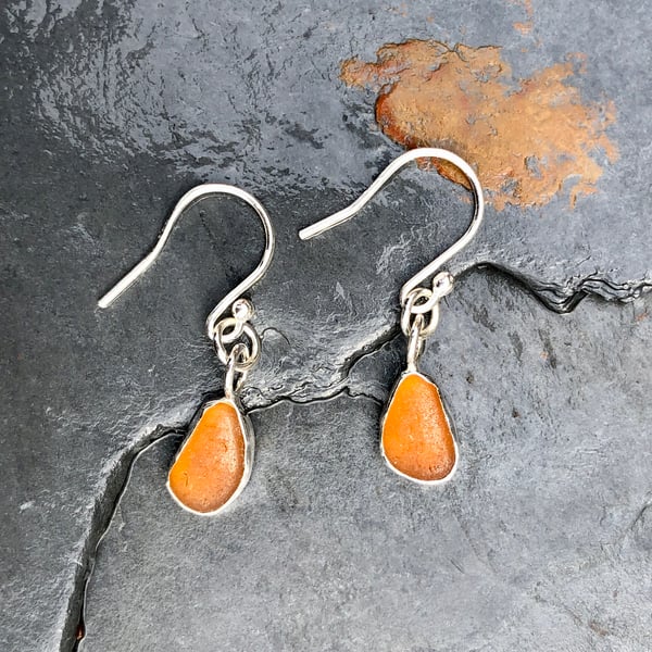 Golden Brown Sea Glass  and Sterling Silver Drop Earrings - 1042