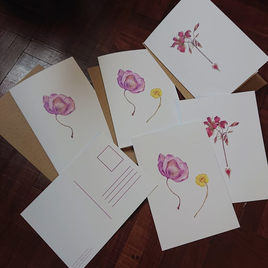 Floral Pressed Flower Postcards & Cards pack, Whimsical Art, Nature, Flowers, 