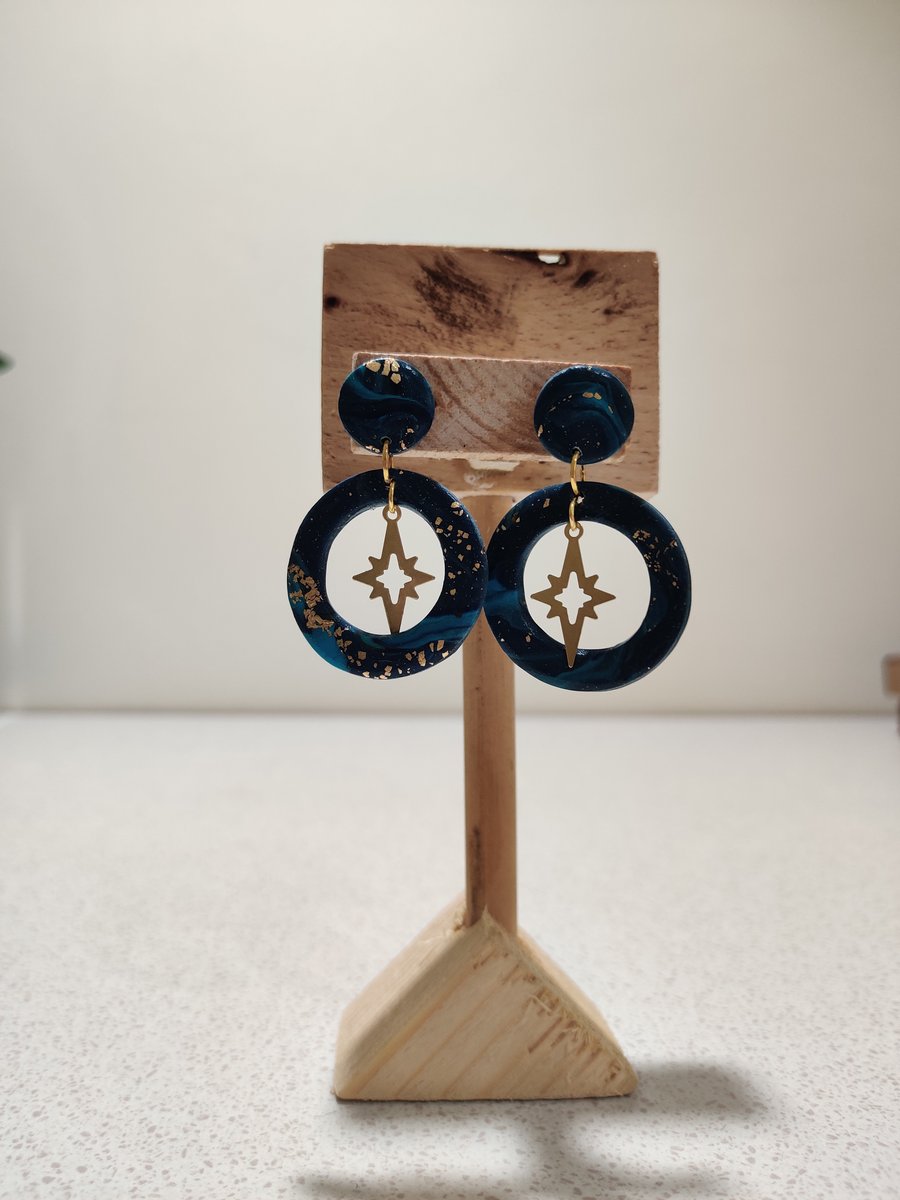 Starry night hoop polymer clay earrings 