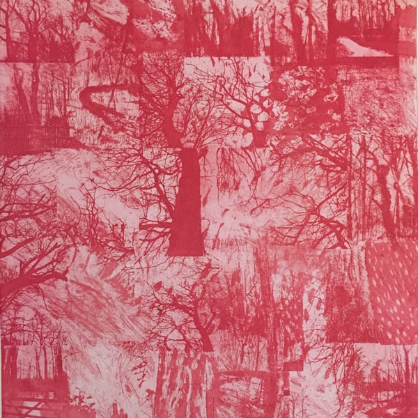 Worsley Woods - large pink etching with aquatint