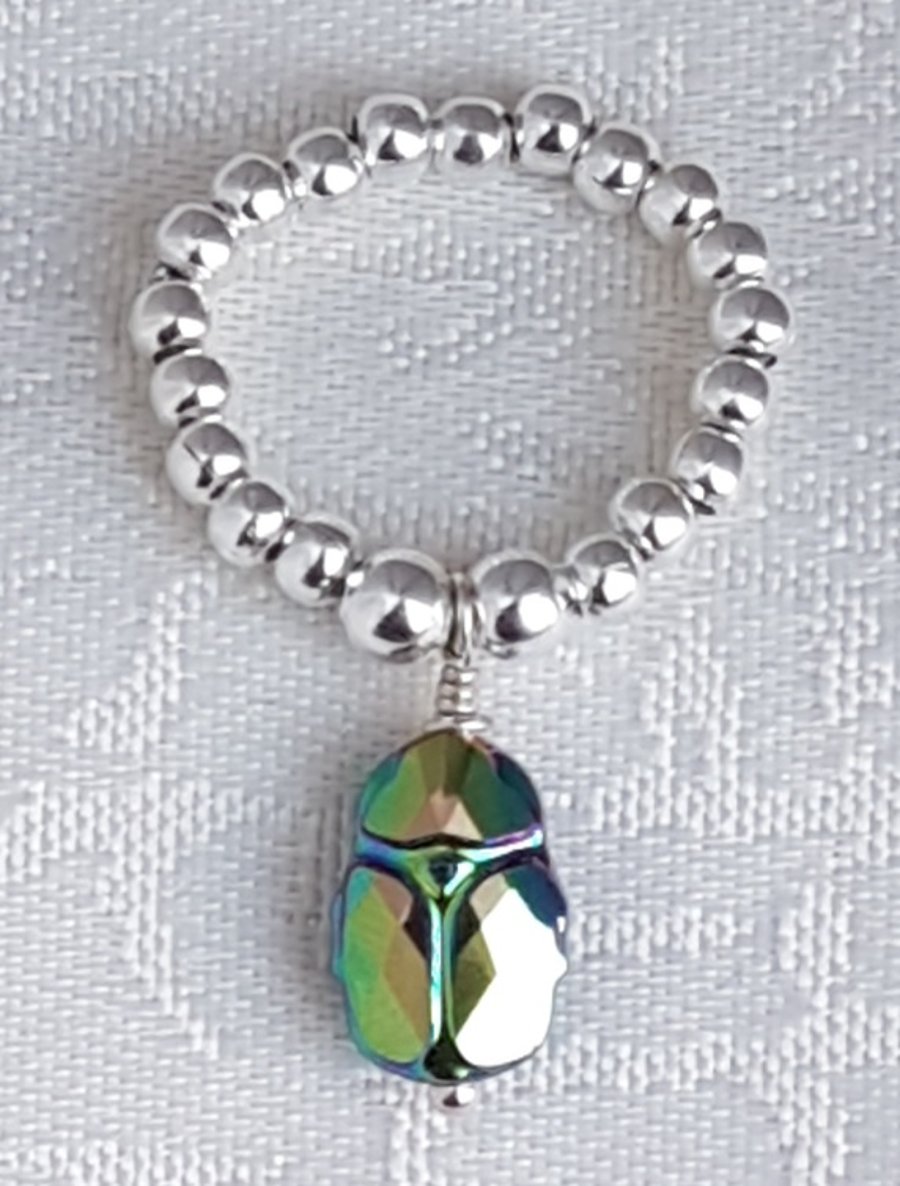 Beautiful Silver bead Ring with Scarab Beetle charm - UK Ring Size N