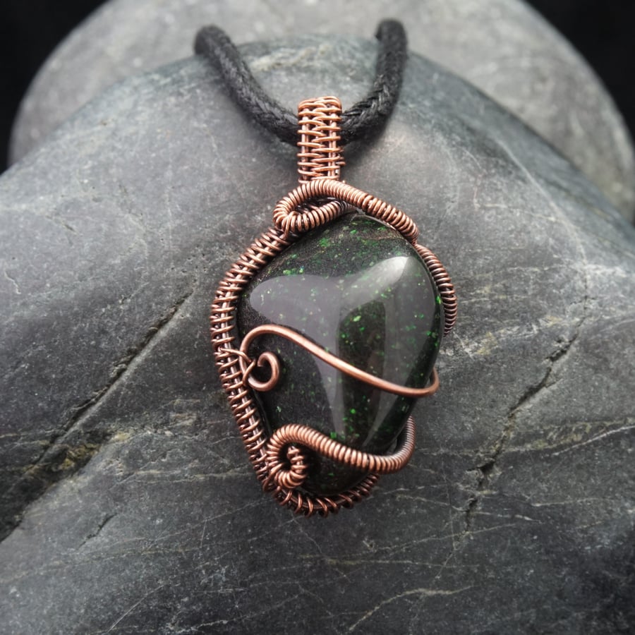 Wire Weave Wrapped Green Goldstone Pendant