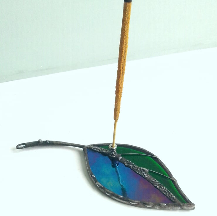 Stained glass leaf incense holder with incense Folksy