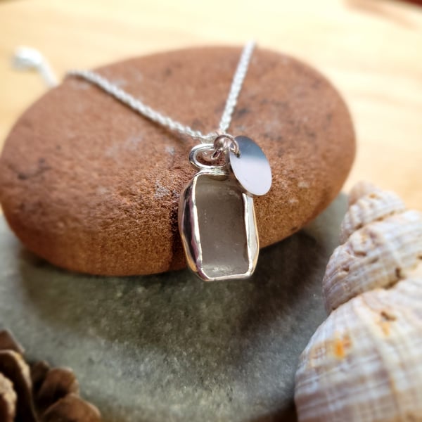 Rectangular Icy Seaglass & Sterling Silver Pendant 