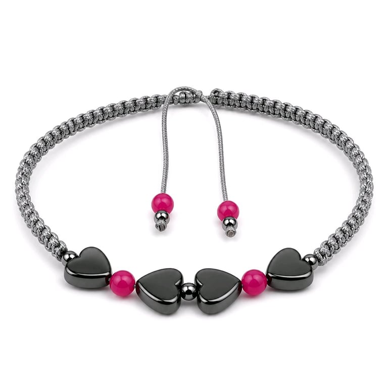 Hematite Heart & Pink Agate Bracelet Adjustable Natural Stone Jewellery