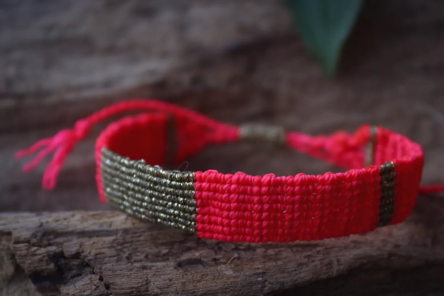 Adjustable neon pink and gold bracelet macrame,Boho 