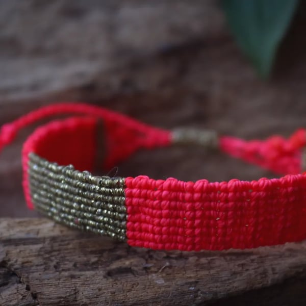 Adjustable neon pink and gold bracelet macrame,Boho 