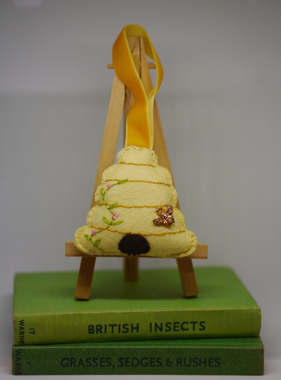 Felt Bee hive decoration, handsewn with bee charm, bee lover gift. 