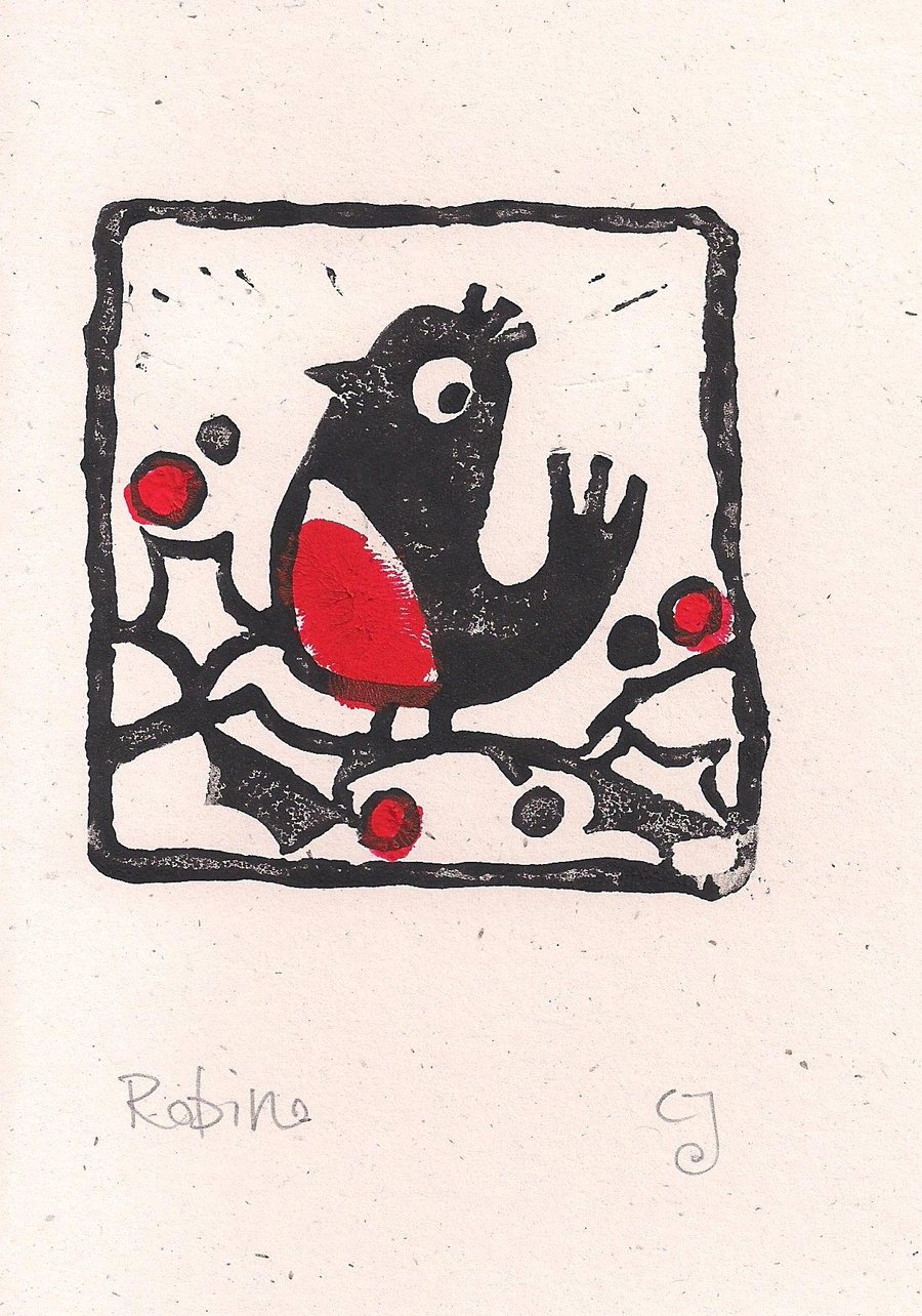 Robin - lino cut print Christmas card