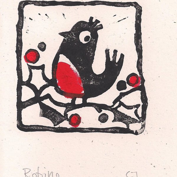 Robin - lino cut print Christmas card