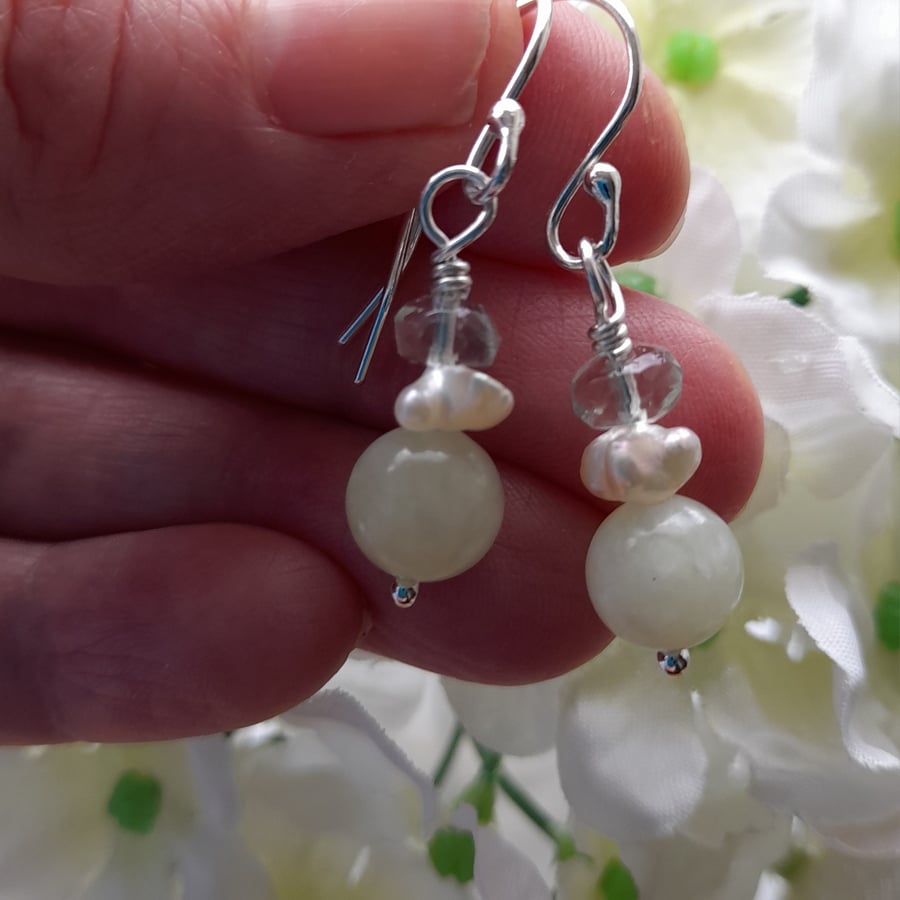 Argentium Silver With Bowenite Keshi Pearls and Green Fluorite  Earrings