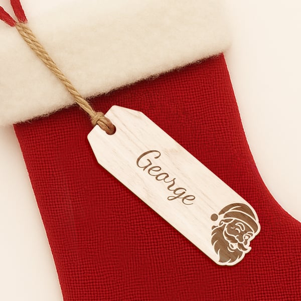 Personalised Wood Christmas Tag – Santa: Custom Name Gift Tag for Stocki