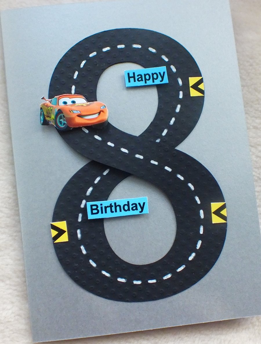 Special Personalised Handmade 8th Birthday Racing Car Track Card