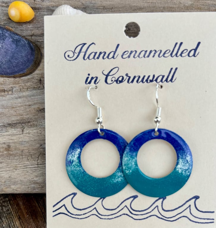 Hand enamelled Cornish sea earrings 