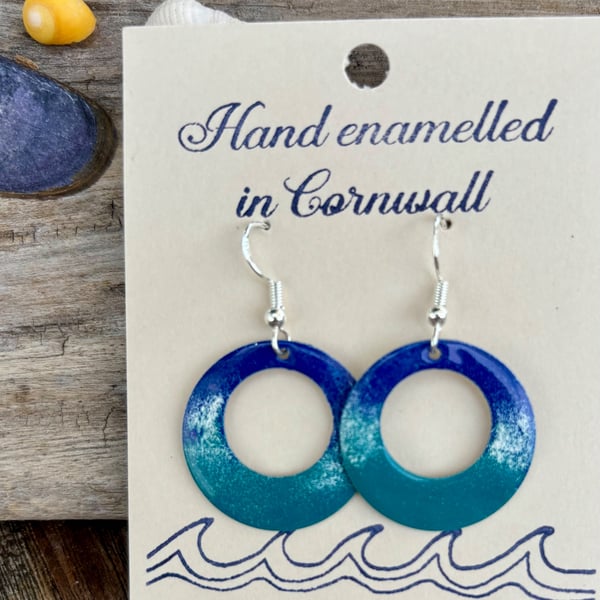 Hand enamelled Cornish sea earrings 