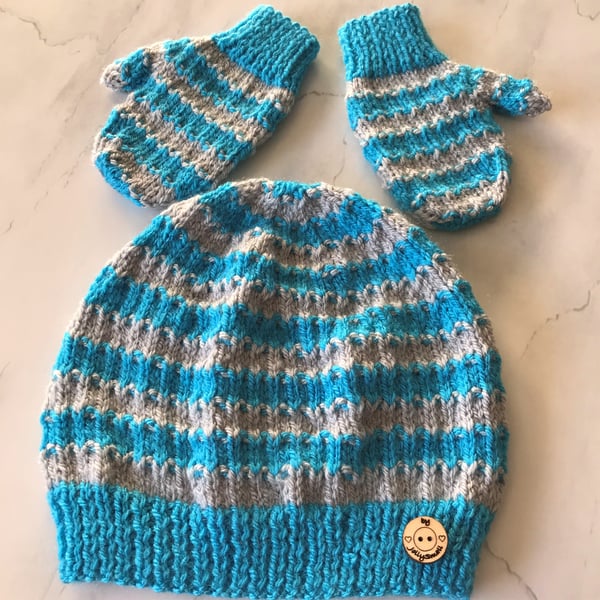 Striped Beanie hat and mittens set age 1 to 2 and half years approx 