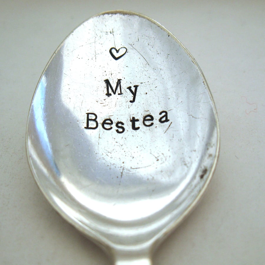 My Bestea, Hand Stamped Teaspoon, Handstamped Vintage Tea Spoon, Silver Rose