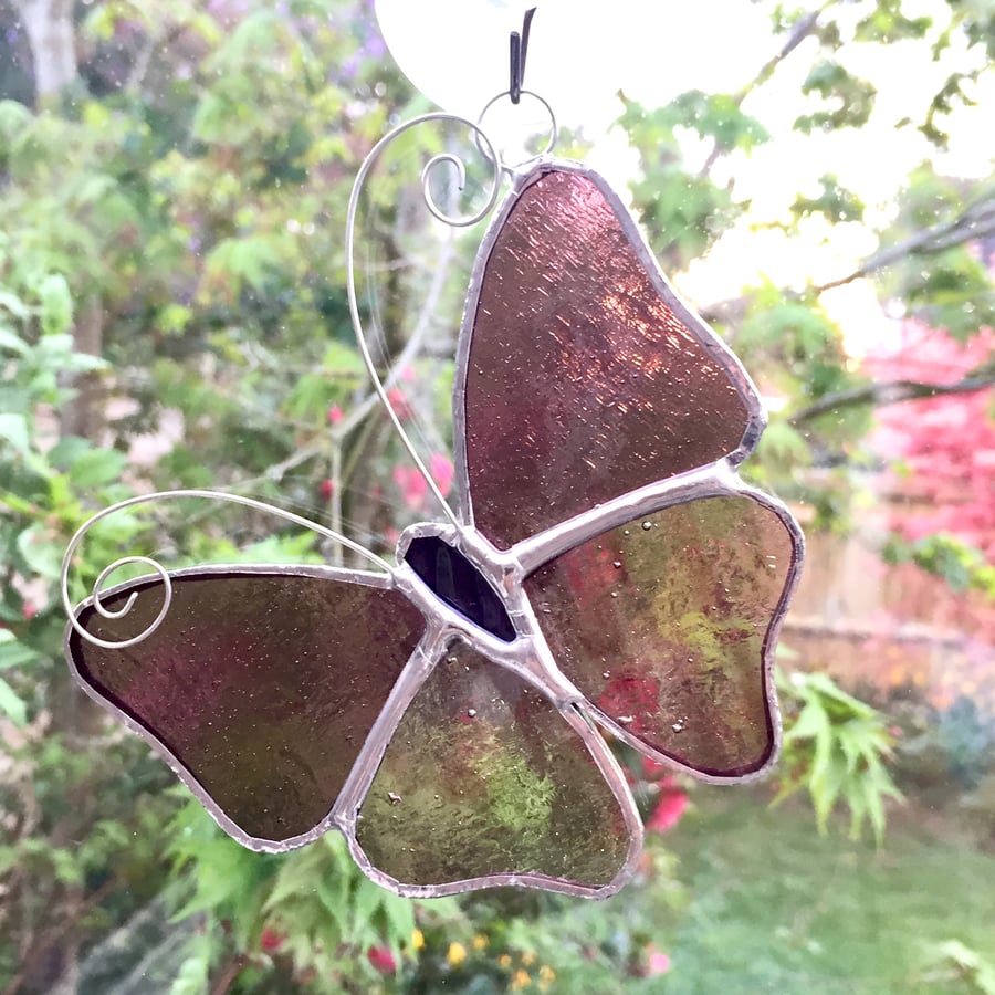 Stained Glass Butterfly Suncatcher - Handmade Decoration - Pink