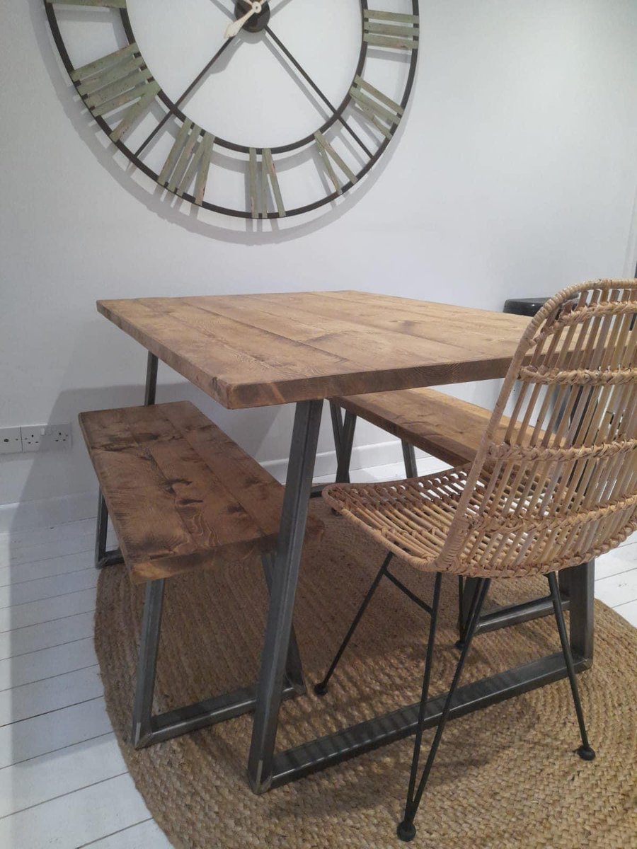Rustic industrial trapezium dining table with one bench set 