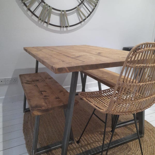 Rustic industrial trapezium dining table with one bench set 