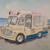 Classic Commer retro ice cream van at seaside original watercolour painting