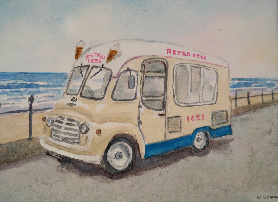 Classic Commer retro ice cream van at seaside original watercolour painting