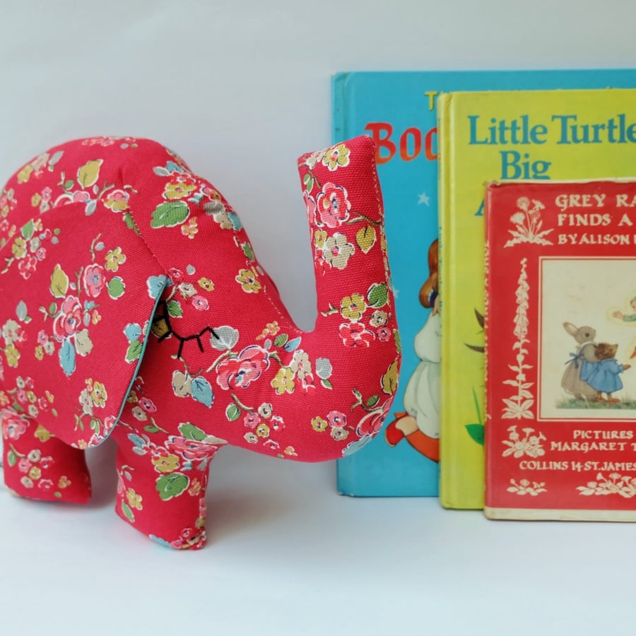 Red Flowery Elephant Soft Toy, Woodland Rose Red Fabric Elephant Plush