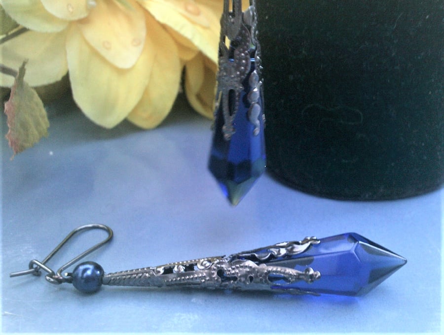 Blue Glass Pendulum Statement Earrings, Long Blue Gunmetal Vintage Earrings
