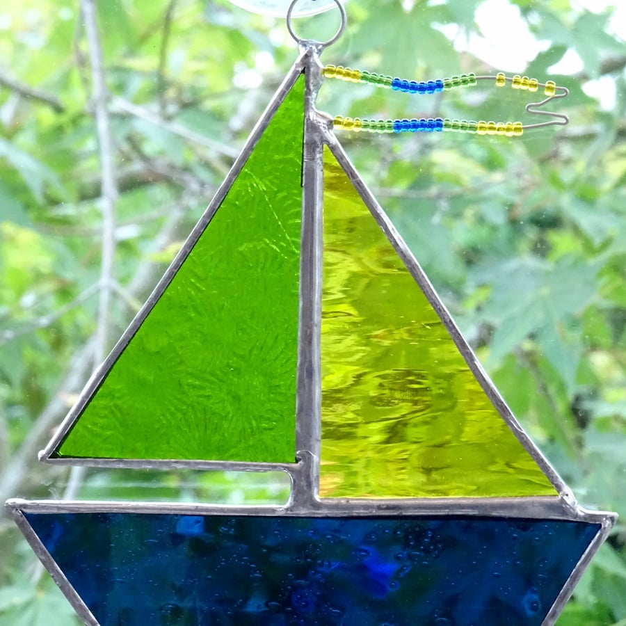 Stained Glass Sail Boat Suncatcher - Handmade Decoration - Lime and Yellow