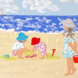 Children playing on beach, seaside picture - print of a textile artwork