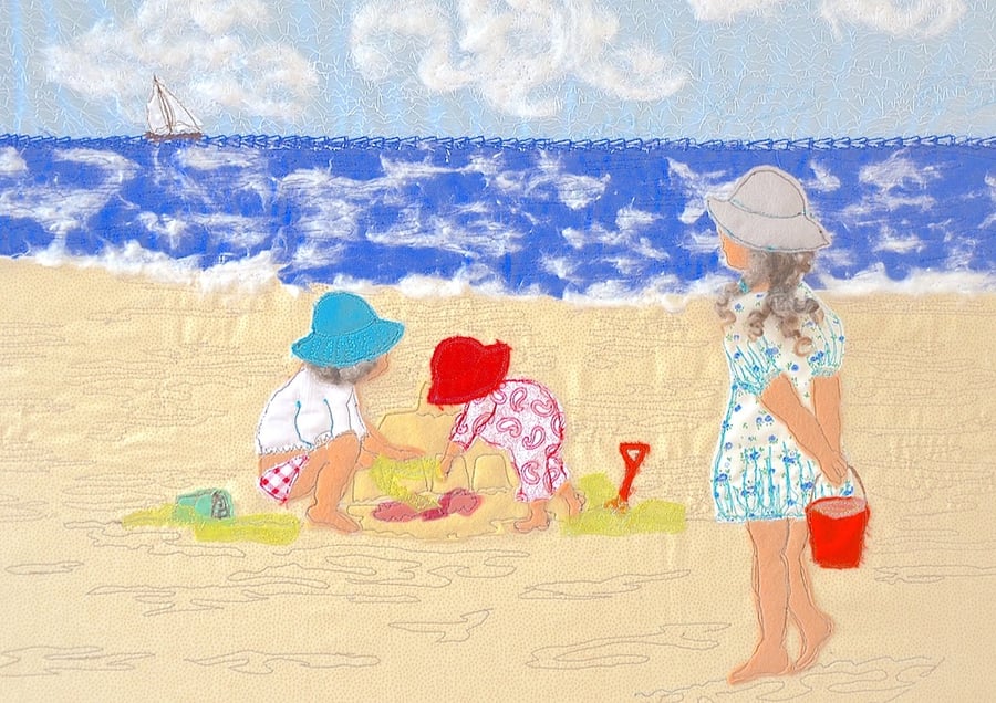 Children playing on beach, seaside picture - print of a textile artwork